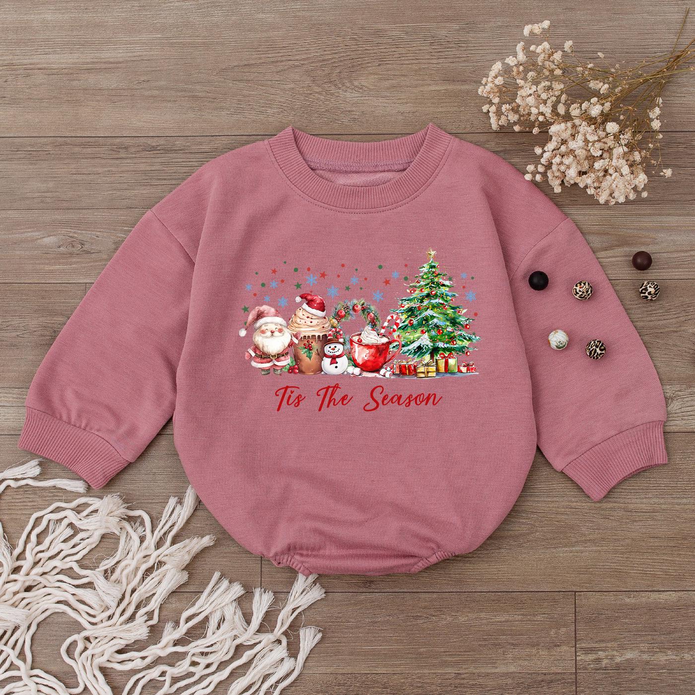 Tis The Season Christmas Romper: Cheerful Holiday Drinks & Characters Baby Sweatshirt Outfit, Cozy Christmas Clothes, Baby's First Christmas Gift 139