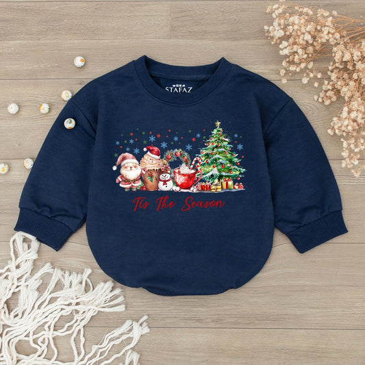 Tis The Season Christmas Romper: Cheerful Holiday Drinks & Characters Baby Sweatshirt Outfit, Cozy Christmas Clothes, Baby's First Christmas Gift 139