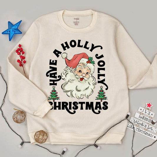 Retro Santa Claus Christmas Sweatshirt Have A Holly Jolly Christmas Womens Holiday Apparel Red Hat Holly Accents Gift