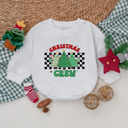 Retro Christmas Crew Baby Romper, Green Holiday Bodysuit for Baby Shower, First Christmas Outfit, Black Checkered Winter Clothes 1st Christmas Gift