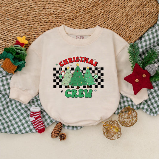 Retro Christmas Crew Baby Romper, Green Holiday Bodysuit for Baby Shower, First Christmas Outfit, Black Checkered Winter Clothes 1st Christmas Gift