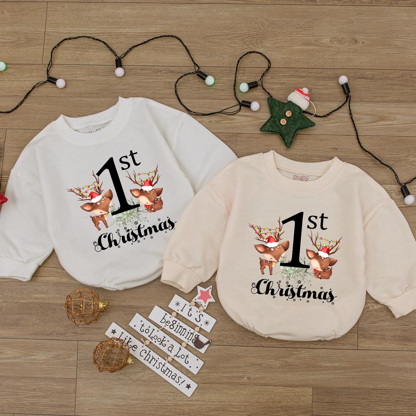 1st Christmas Bodysuit Cute Reindeer Baby Outfit My First Christmas Romper Santa Hat Lights Script Christmas Gift for Toddler