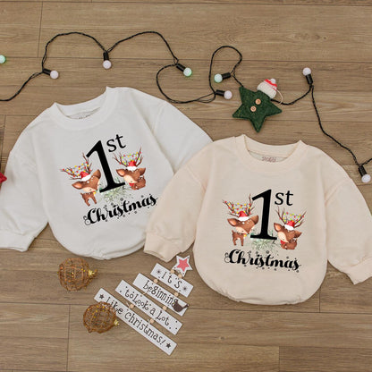 1st Christmas Bodysuit Cute Reindeer Baby Outfit My First Christmas Romper Santa Hat Lights Script Christmas Gift for Toddler