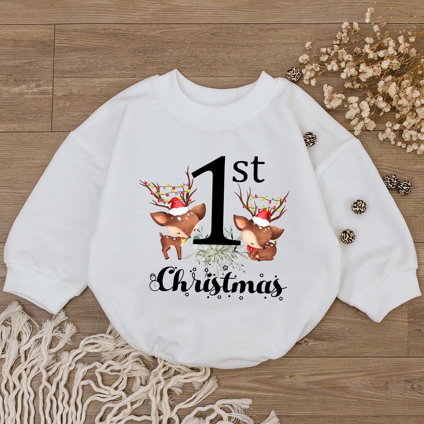 1st Christmas Bodysuit Cute Reindeer Baby Outfit My First Christmas Romper Santa Hat Lights Script Christmas Gift for Toddler