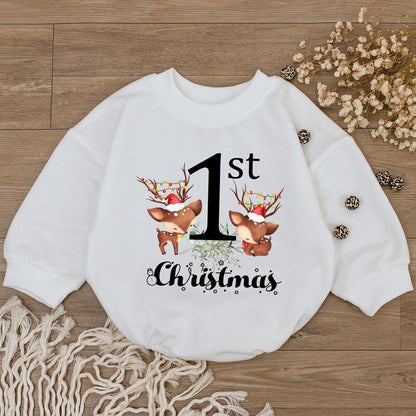 1st Christmas Bodysuit Cute Reindeer Baby Outfit My First Christmas Romper Santa Hat Lights Script Christmas Gift for Toddler
