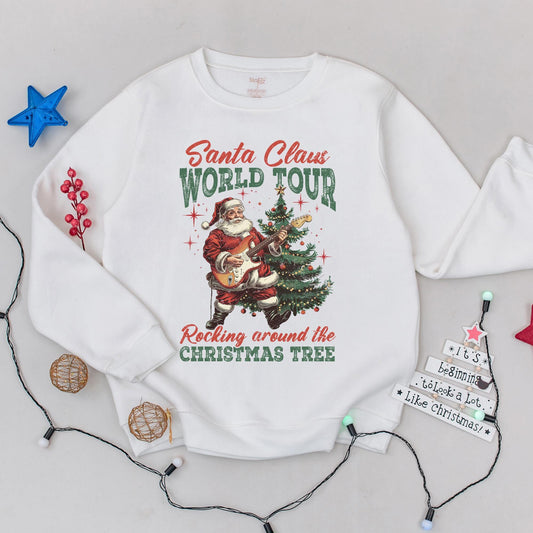 Santa Claus World Tour Rocking Electric Guitar Christmas Tree Sweatshirt Vintage Retro Funny Holiday Graphic Outfit Women's Gift