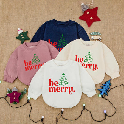 Be Merry Christmas Bubble Romper, Festive Baby Bodysuit with Tree Graphic, Girly Holiday Outfit, Infant Romper Gift, Santa Claus Costume 135 chars