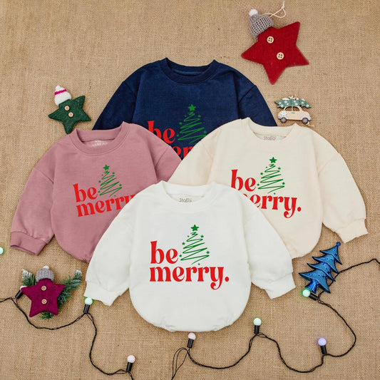 Be Merry Christmas Bubble Romper, Festive Baby Bodysuit with Tree Graphic, Girly Holiday Outfit, Infant Romper Gift, Santa Claus Costume 135 chars
