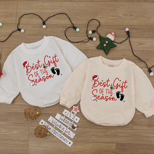 Festive 'Best Gift of the Season' Baby Romper Red Green Santa Hat Holly Baby Shower Gift Newborn Girl Christmas Outfit Stars
