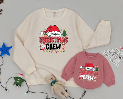 Personalized Matching Family Christmas Crew Sweatshirt with Name Santa Hat Retro Font Design Festive Holiday Tree Lights Mom Dad Kids Outfit