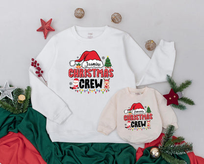 Personalized Matching Family Christmas Crew Sweatshirt with Name Santa Hat Retro Font Design Festive Holiday Tree Lights Mom Dad Kids Outfit