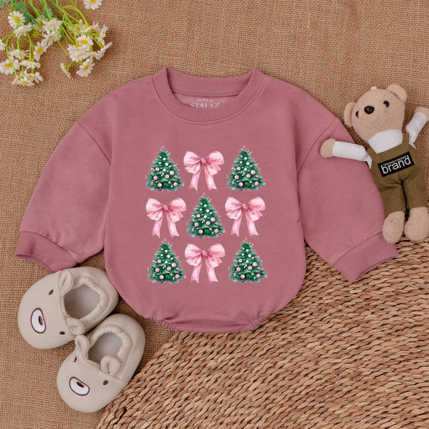 Trendy Pink Coquette Christmas Tree Baby Romper with Festive Bows for Newborn Girls First Christmas Outfit and Baby Shower Gift