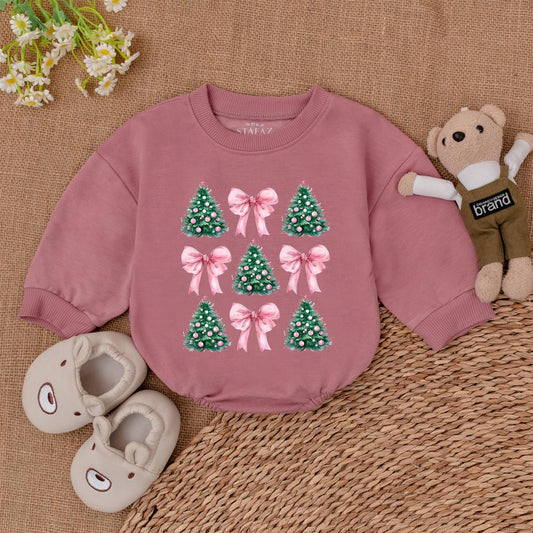 Trendy Pink Coquette Christmas Tree Baby Romper with Festive Bows for Newborn Girls First Christmas Outfit and Baby Shower Gift