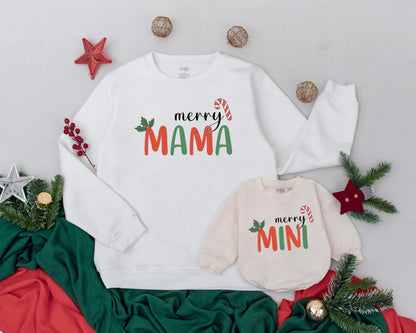 Personalized Mama and Mini Christmas Sweatshirts with festive Merry Mama Mini candy cane and holly designs for holiday family comfort