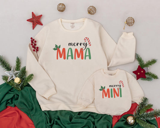 Personalized Mama and Mini Christmas Sweatshirts with festive Merry Mama Mini candy cane and holly designs for holiday family comfort