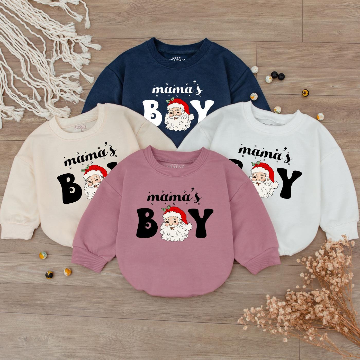 Cute Mama's Boy Christmas Baby Bubble Romper with Funny Santa Claus Design Perfect First Holiday Newborn Outfit Festive Red Hat White Beard Bodysuit