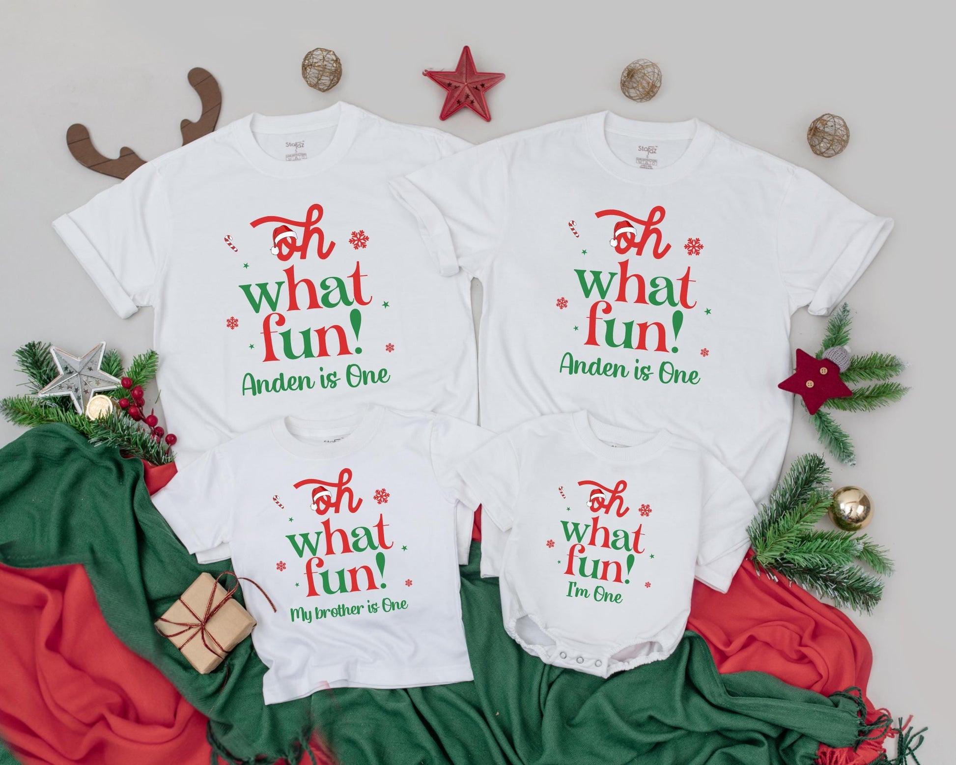 Personalized Oh What Fun 1st Birthday Christmas Mommy and Me Shirts Retro Family Holiday Outfit Red Green Snowflakes