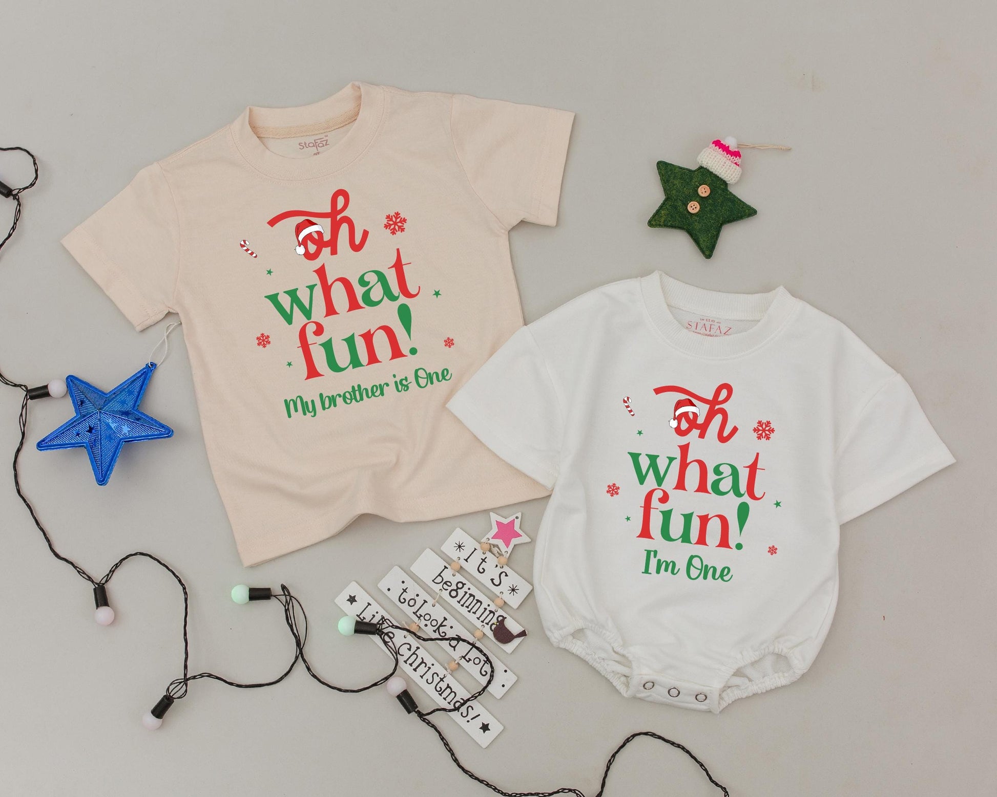 Personalized Oh What Fun 1st Birthday Christmas Mommy and Me Shirts Retro Family Holiday Outfit Red Green Snowflakes