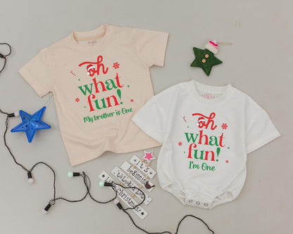 Personalized Oh What Fun 1st Birthday Christmas Mommy and Me Shirts Retro Family Holiday Outfit Red Green Snowflakes