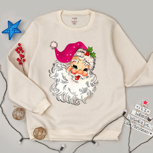 Pink Santa Retro Christmas Sweatshirt for Women Matching Family Holiday Party Sweater with Vintage Santa Design Pink Hat Fluffy Beard