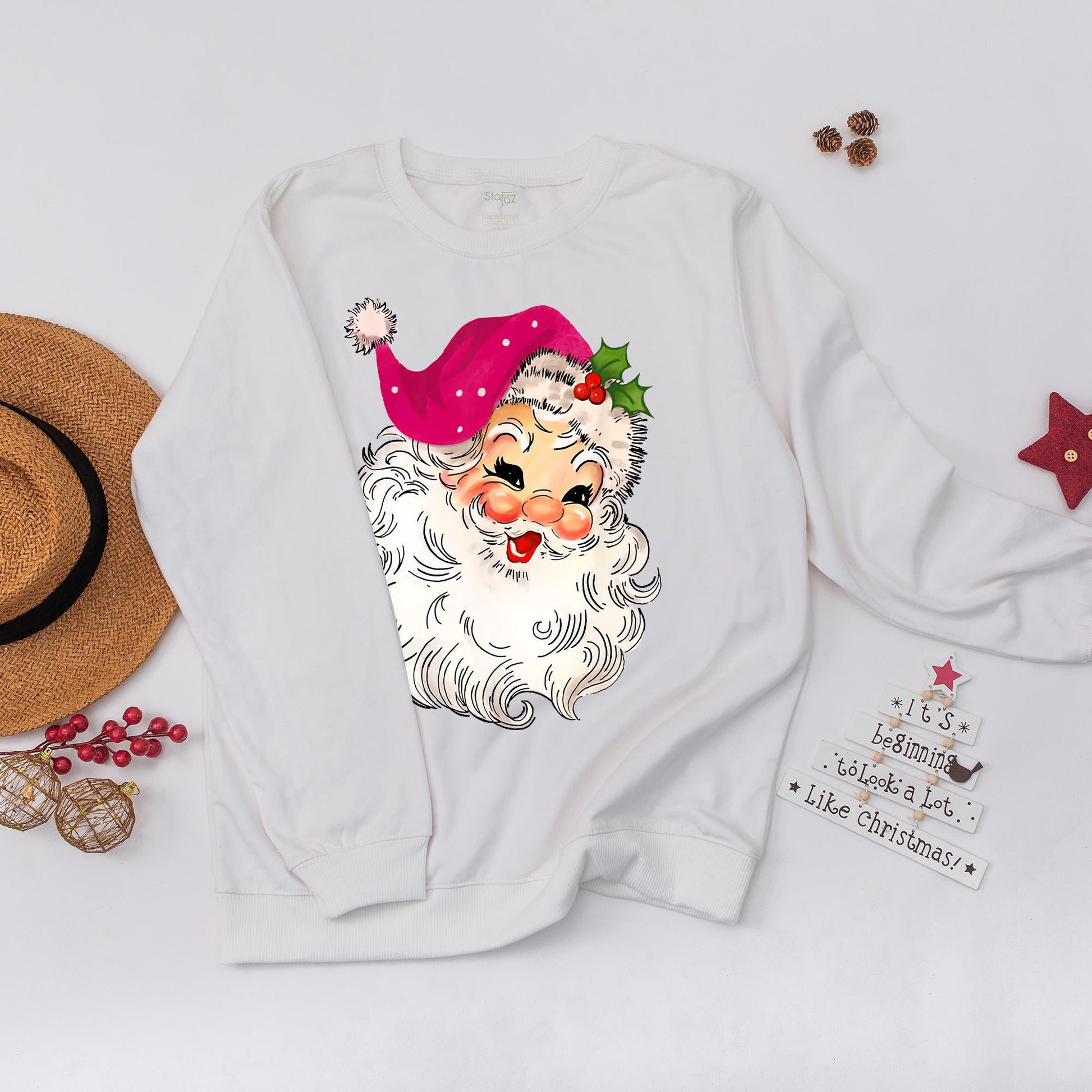 Pink Santa Retro Christmas Sweatshirt for Women Matching Family Holiday Party Sweater with Vintage Santa Design Pink Hat Fluffy Beard