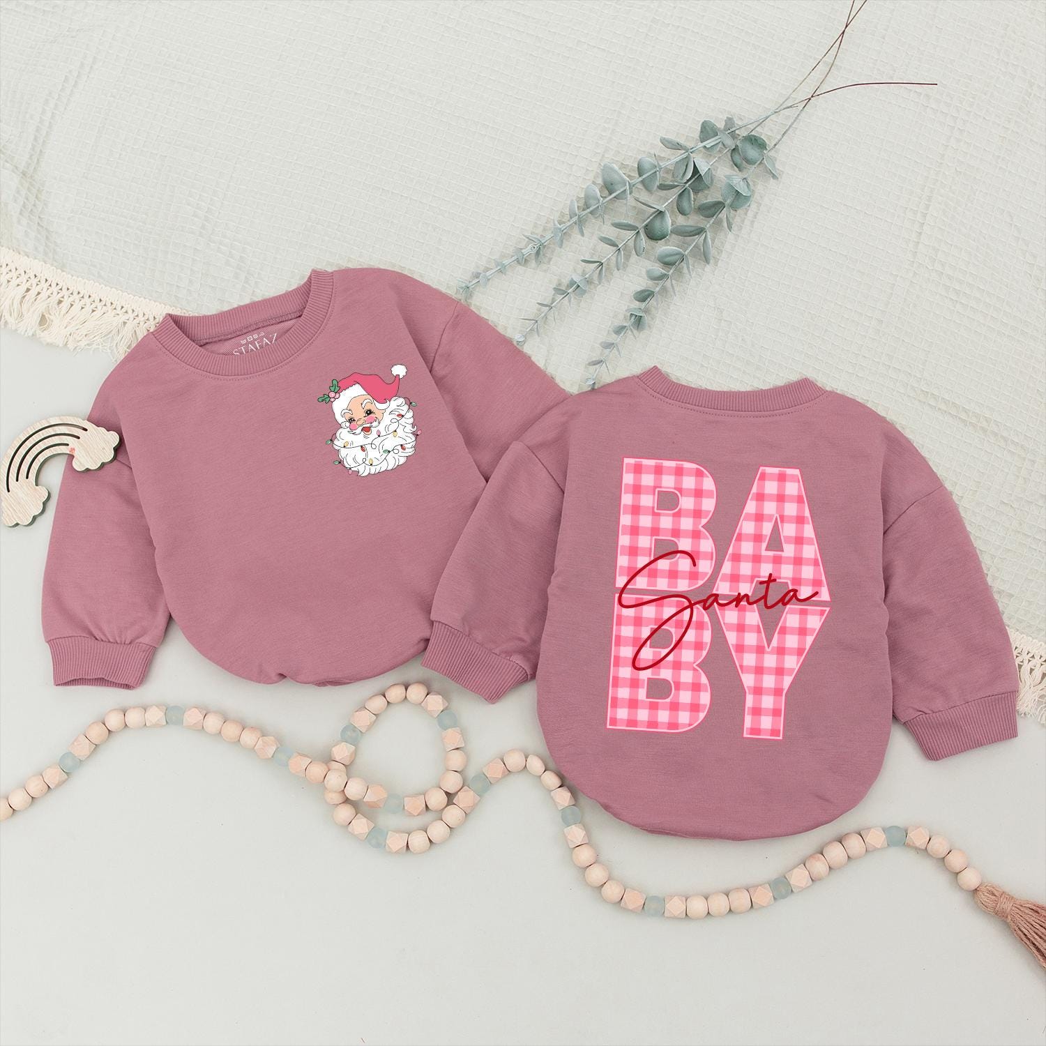 Pink Gingham Santa Mama and Baby Matching Christmas Sweatshirt Set Vintage Festive Santa Claus Holiday Gift for Mom and Baby Girl