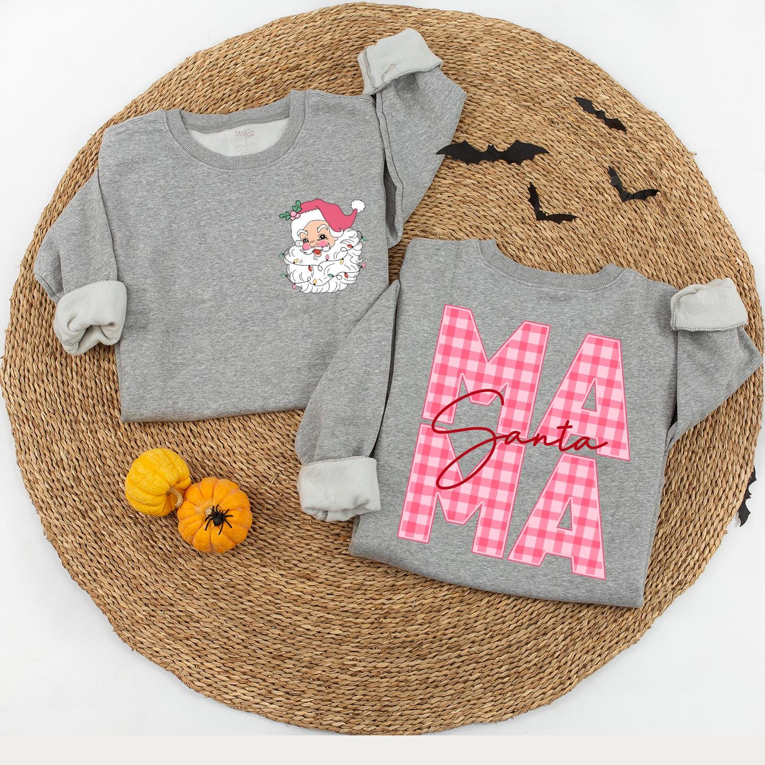 Pink Gingham Santa Mama and Baby Matching Christmas Sweatshirt Set Vintage Festive Santa Claus Holiday Gift for Mom and Baby Girl