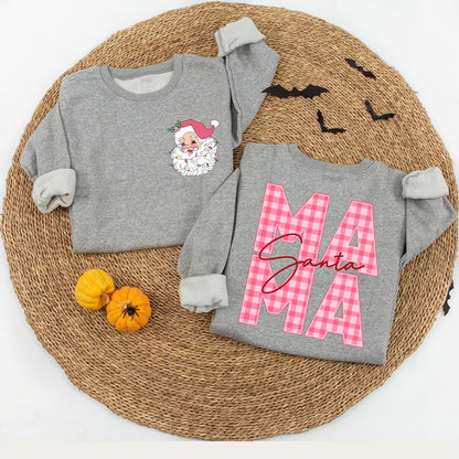 Pink Gingham Santa Mama and Baby Matching Christmas Sweatshirt Set Vintage Festive Santa Claus Holiday Gift for Mom and Baby Girl