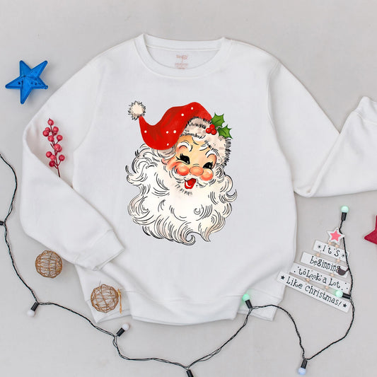 Womens Retro Vintage Santa Christmas Sweatshirt Hand-Drawn Design Holly Berries Polka Dot Hat Classic Holiday Family Apparel