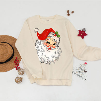 Womens Retro Vintage Santa Christmas Sweatshirt Hand-Drawn Design Holly Berries Polka Dot Hat Classic Holiday Family Apparel