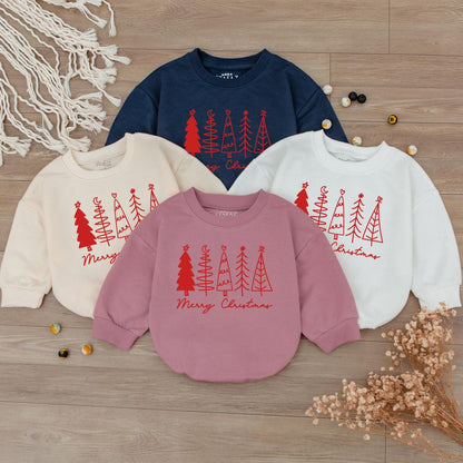 Merry Christmas Baby Bubble Romper Red Burgundy Trees Heart Moon Star Graphic Newborn Christmas Outfit Simple Festive Girl