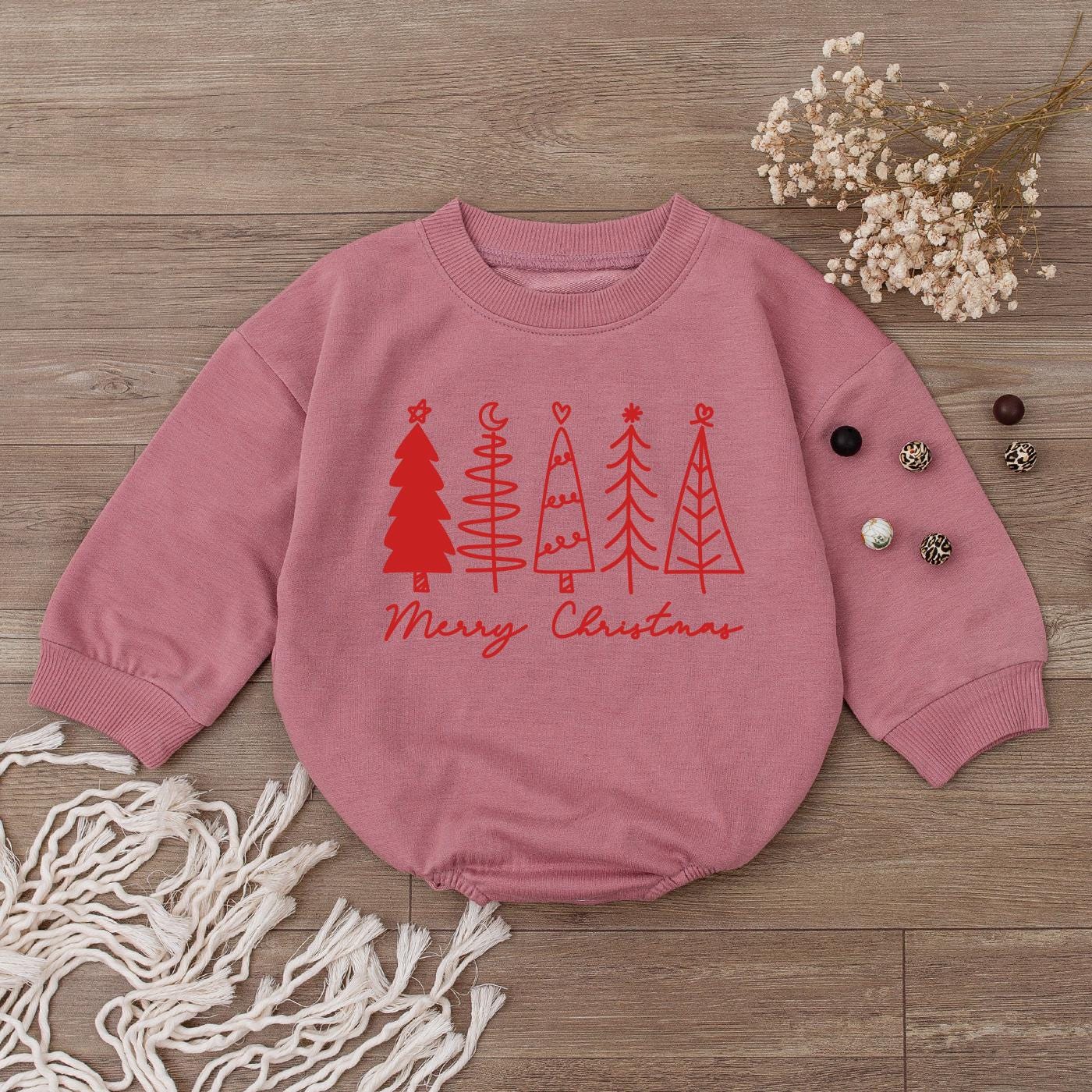 Merry Christmas Baby Bubble Romper Red Burgundy Trees Heart Moon Star Graphic Newborn Christmas Outfit Simple Festive Girl