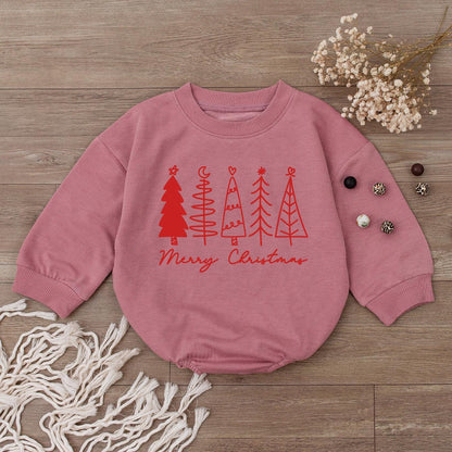 Merry Christmas Baby Bubble Romper Red Burgundy Trees Heart Moon Star Graphic Newborn Christmas Outfit Simple Festive Girl