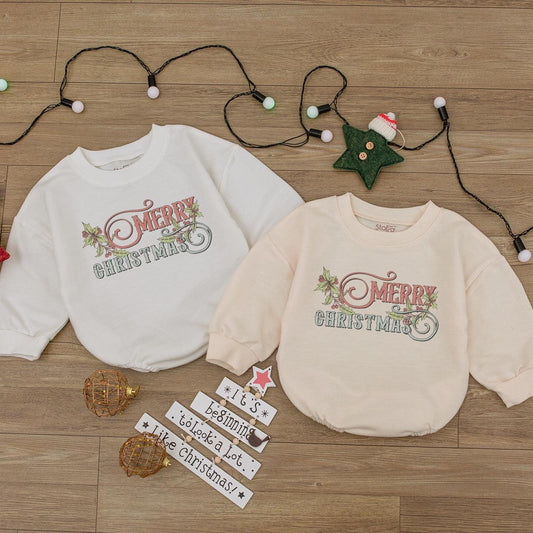 Merry Christmas Baby Romper Outfit, Holly Berry Newborn Bodysuit, Girl Holiday Sweatshirt, Cute First Christmas Gift, Soft Cotton Bubble Romper, Cozy 137