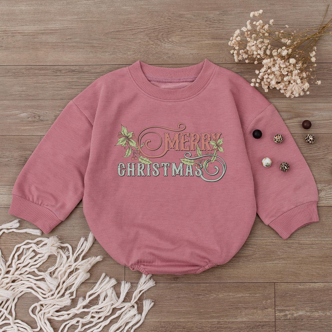 Merry Christmas Baby Romper Outfit, Holly Berry Newborn Bodysuit, Girl Holiday Sweatshirt, Cute First Christmas Gift, Soft Cotton Bubble Romper, Cozy 137