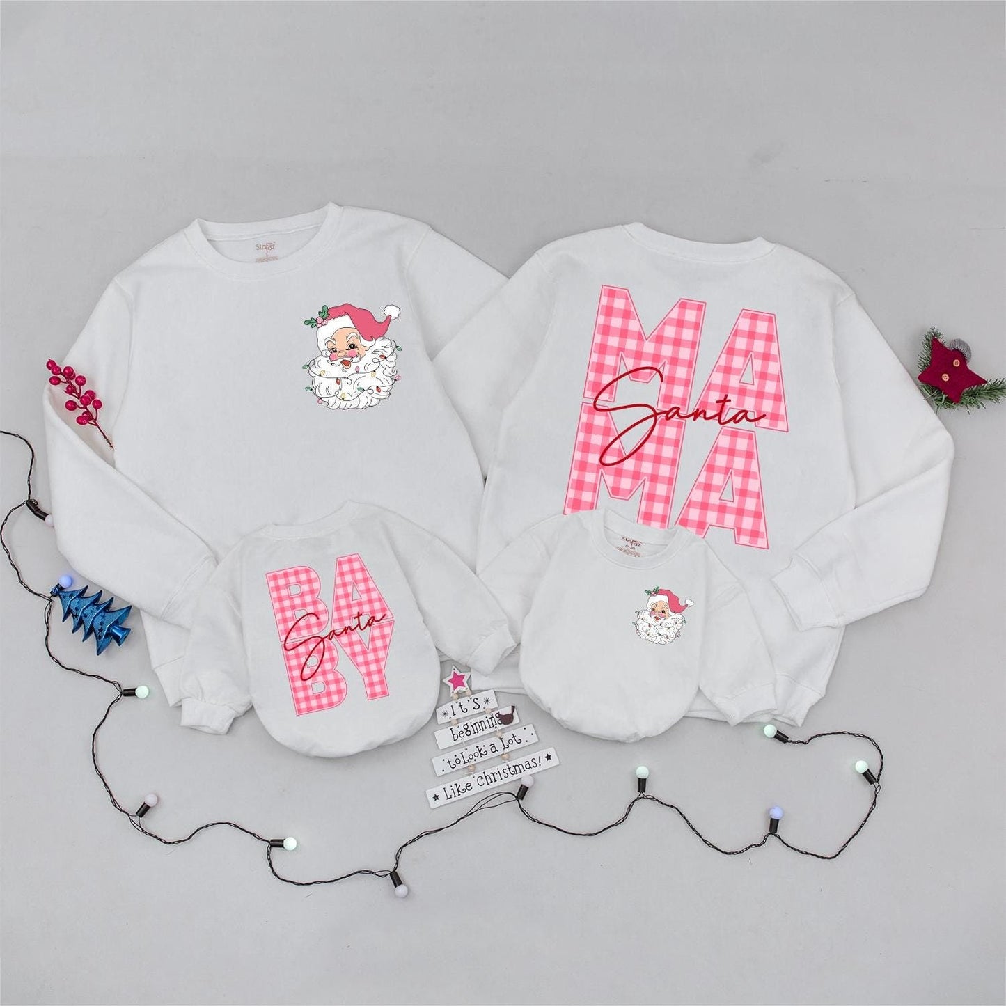 Pink Gingham Santa Mama and Baby Matching Christmas Sweatshirt Set Vintage Festive Santa Claus Holiday Gift for Mom and Baby Girl
