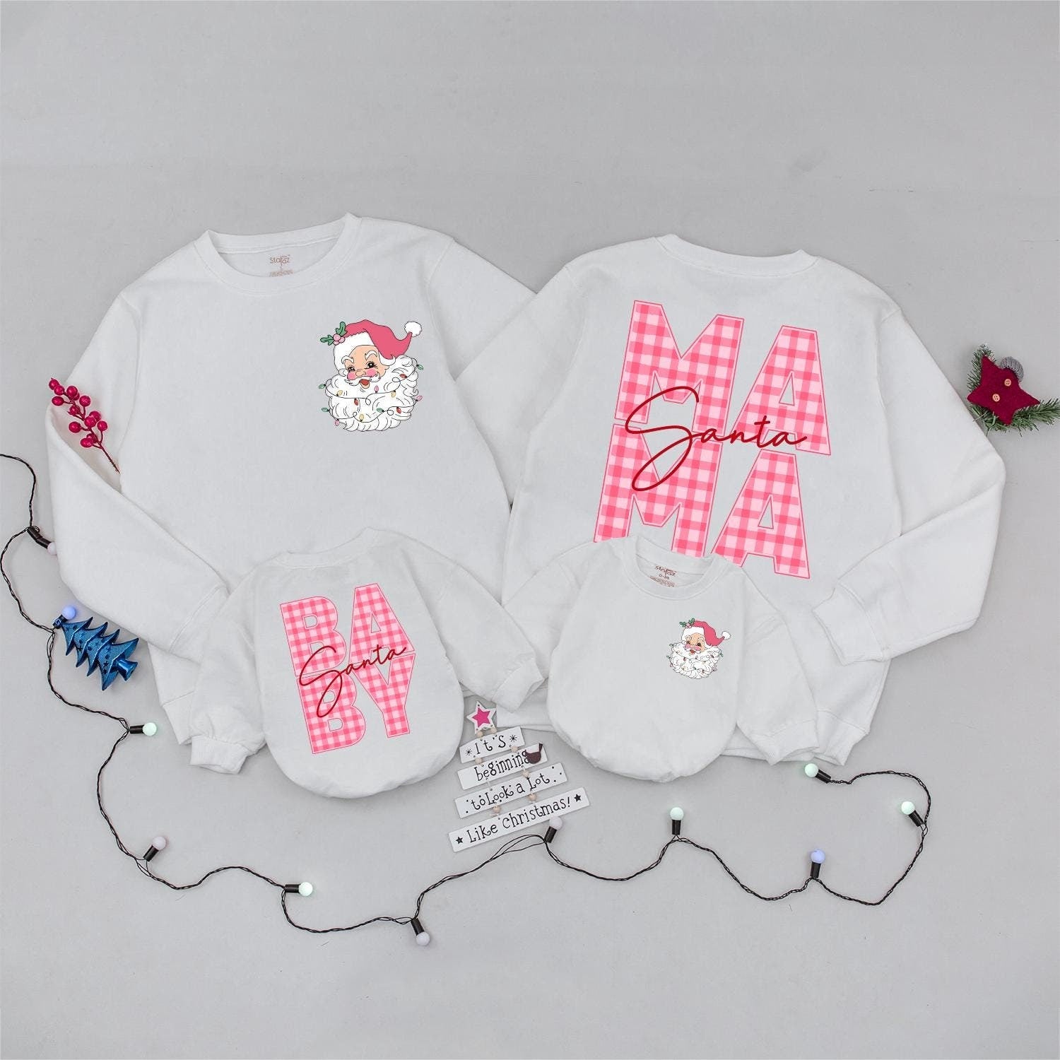 Pink Gingham Santa Mama and Baby Matching Christmas Sweatshirt Set Vintage Festive Santa Claus Holiday Gift for Mom and Baby Girl