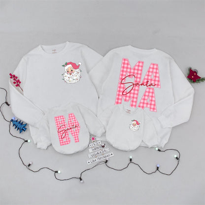 Pink Gingham Santa Mama and Baby Matching Christmas Sweatshirt Set Vintage Festive Santa Claus Holiday Gift for Mom and Baby Girl