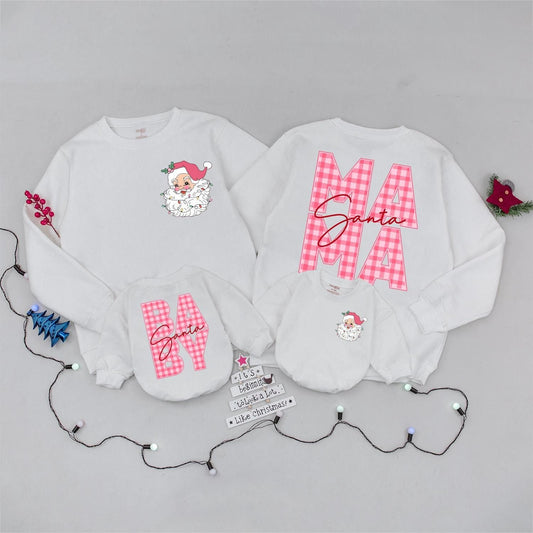 Pink Gingham Santa Mama and Baby Matching Christmas Sweatshirt Set Vintage Festive Santa Claus Holiday Gift for Mom and Baby Girl