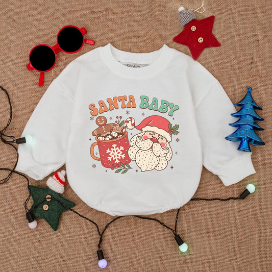 Santa Baby Christmas Romper: Retro Santa & Gingerbread Fun! Festive Holiday Outfit, Cute Infant Bodysuit, Girly Christmas Gift - Red, Green & White (139 chars)