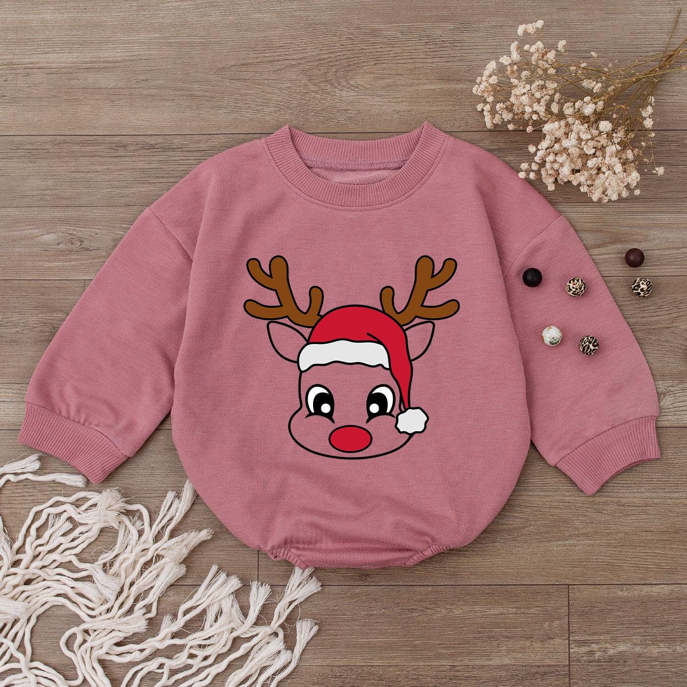 Cute Reindeer Face Baby Romper 1st Christmas Outfit Newborn Girl Xmas Clothes Santa Hat Bodysuit Holiday Shower Gift Long Sleeve Festive Tee Boy 137