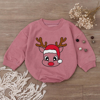 Cute Reindeer Face Baby Romper 1st Christmas Outfit Newborn Girl Xmas Clothes Santa Hat Bodysuit Holiday Shower Gift Long Sleeve Festive Tee Boy 137