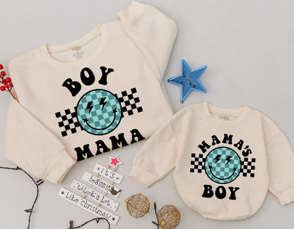 Retro Boy Mama Sweatshirt, Groovy Smiley Face Outfit for Baby or Toddler, Mama's Boy Tee, Newborn Gift for Cool Mom, Checkerboard Design, Trendy Style (139)