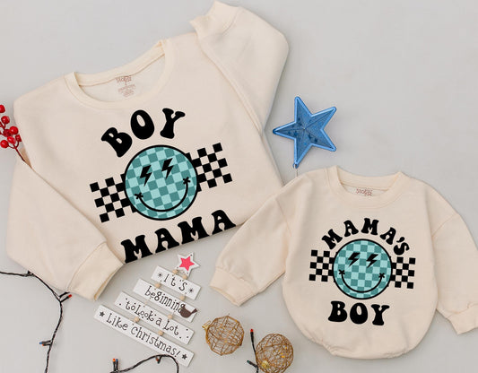 Retro Boy Mama Sweatshirt, Groovy Smiley Face Outfit for Baby or Toddler, Mama's Boy Tee, Newborn Gift for Cool Mom, Checkerboard Design, Trendy Style (139)