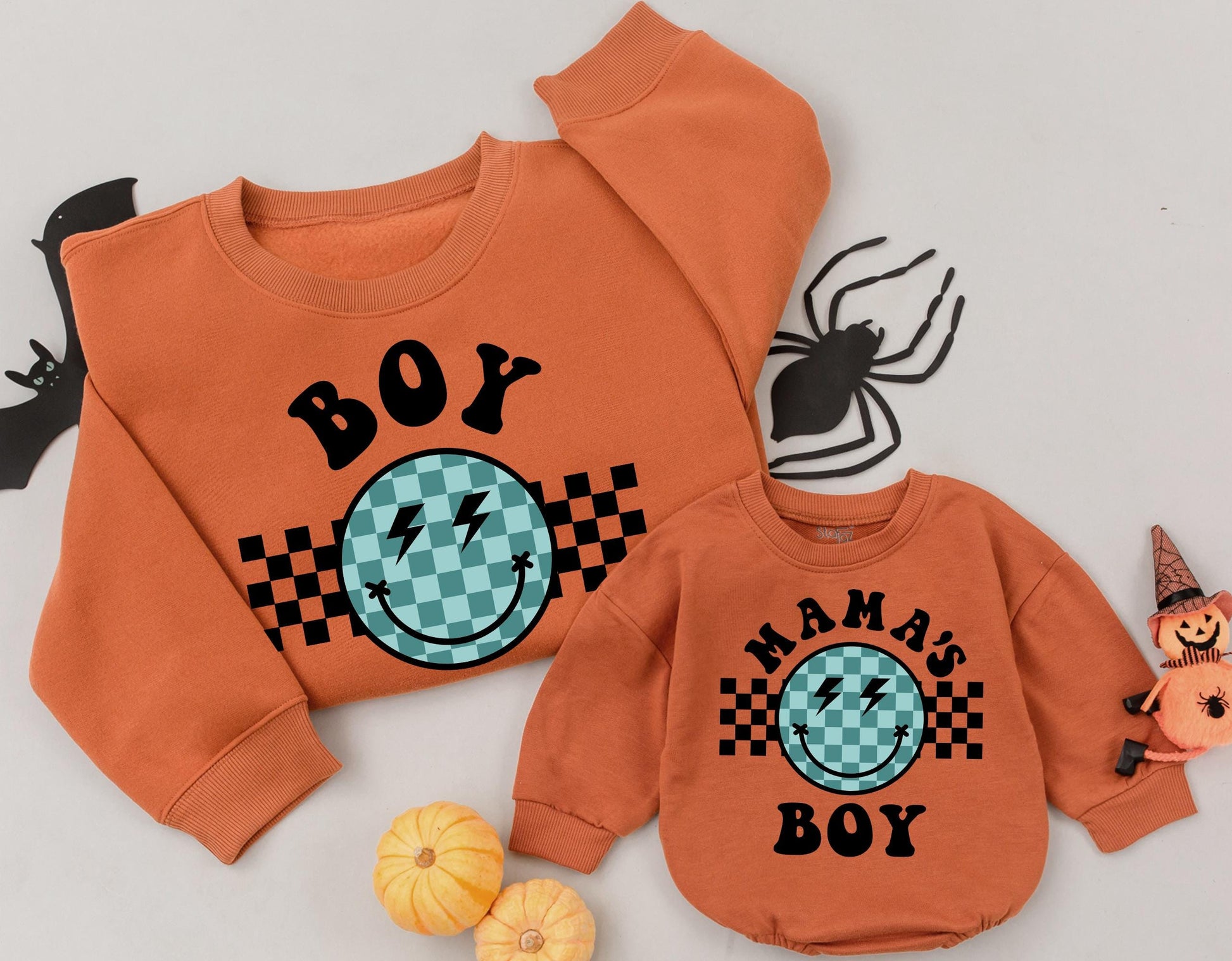 Retro Boy Mama Sweatshirt, Groovy Smiley Face Outfit for Baby or Toddler, Mama's Boy Tee, Newborn Gift for Cool Mom, Checkerboard Design, Trendy Style (139)