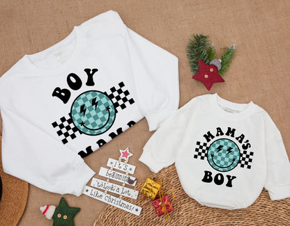 Retro Boy Mama Sweatshirt, Groovy Smiley Face Outfit for Baby or Toddler, Mama's Boy Tee, Newborn Gift for Cool Mom, Checkerboard Design, Trendy Style (139)