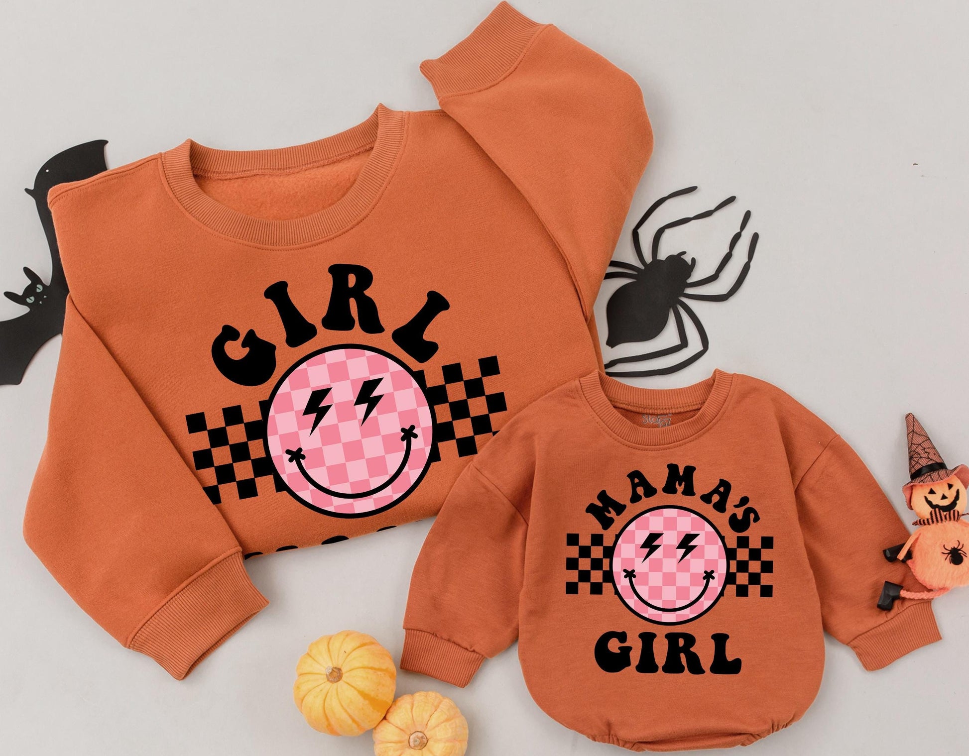 Retro Girl Mama & Mama's Girl Smiley Face Sweatshirt Groovy Black Pink Checkerboard Mama Mini Outfit Gift