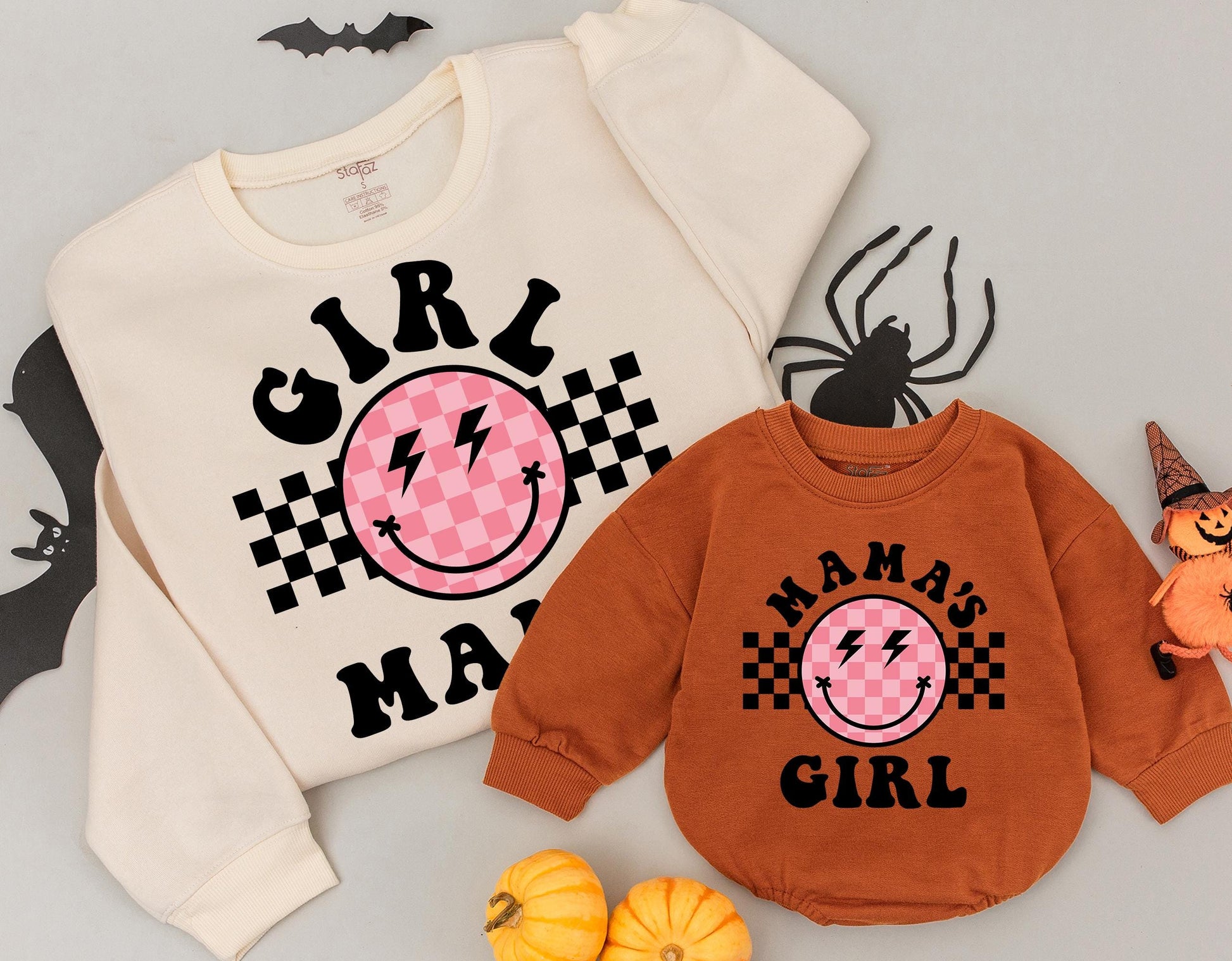 Retro Girl Mama & Mama's Girl Smiley Face Sweatshirt Groovy Black Pink Checkerboard Mama Mini Outfit Gift