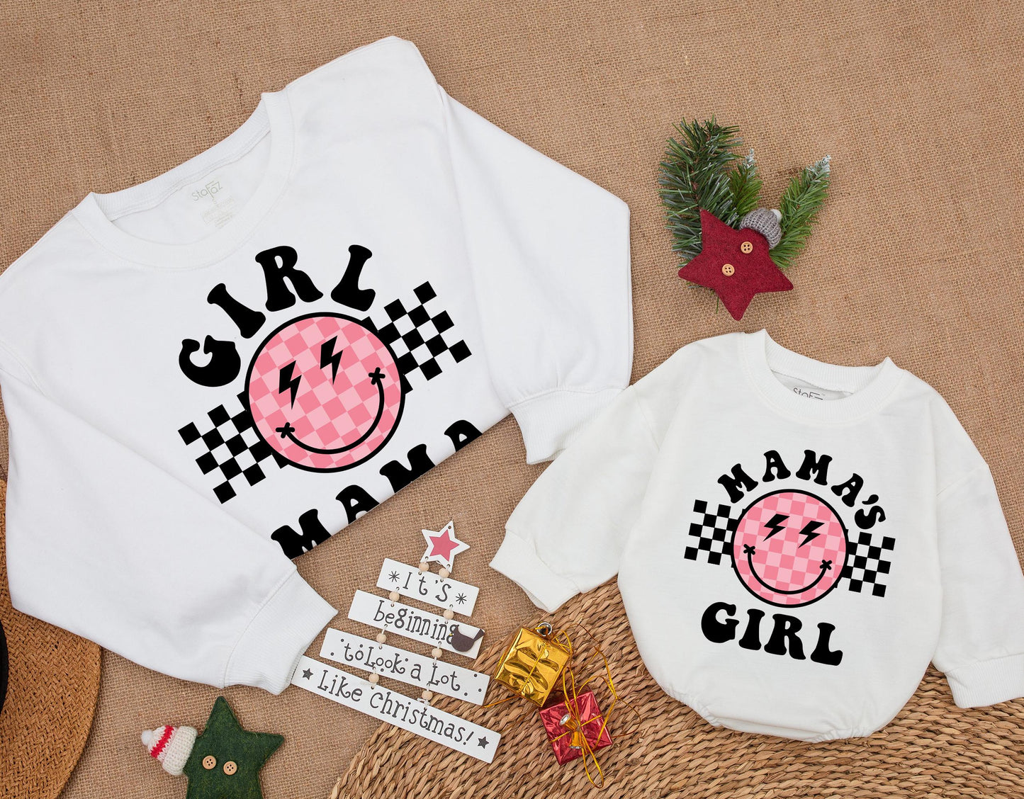 Retro Girl Mama & Mama's Girl Smiley Face Sweatshirt Groovy Black Pink Checkerboard Mama Mini Outfit Gift