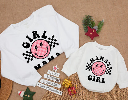 Retro Girl Mama & Mama's Girl Smiley Face Sweatshirt Groovy Black Pink Checkerboard Mama Mini Outfit Gift